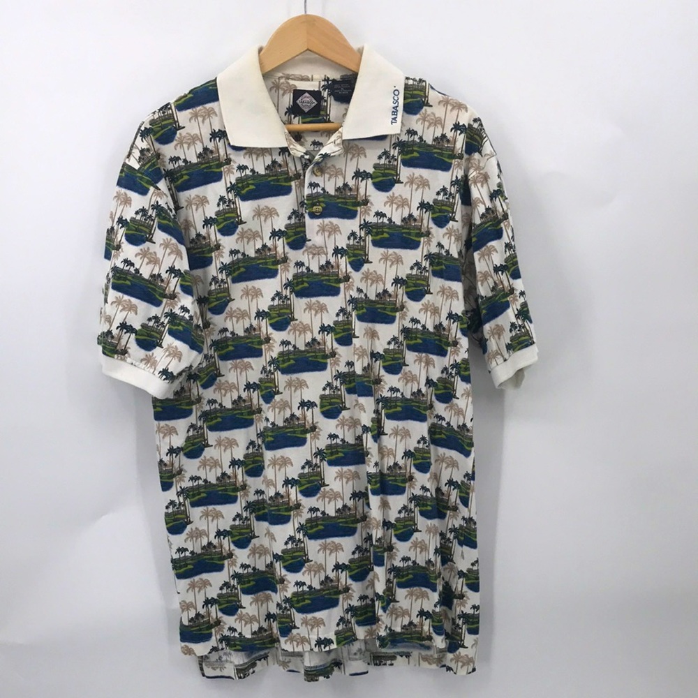Vintage 90s Tabasco Palm Trees Polo Shirt Ivory Mens Size XL